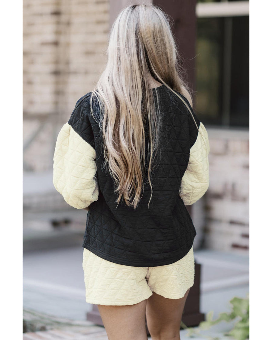 Black Color Block Quilted 3/4 Sleeve Top and Shorts Set - M