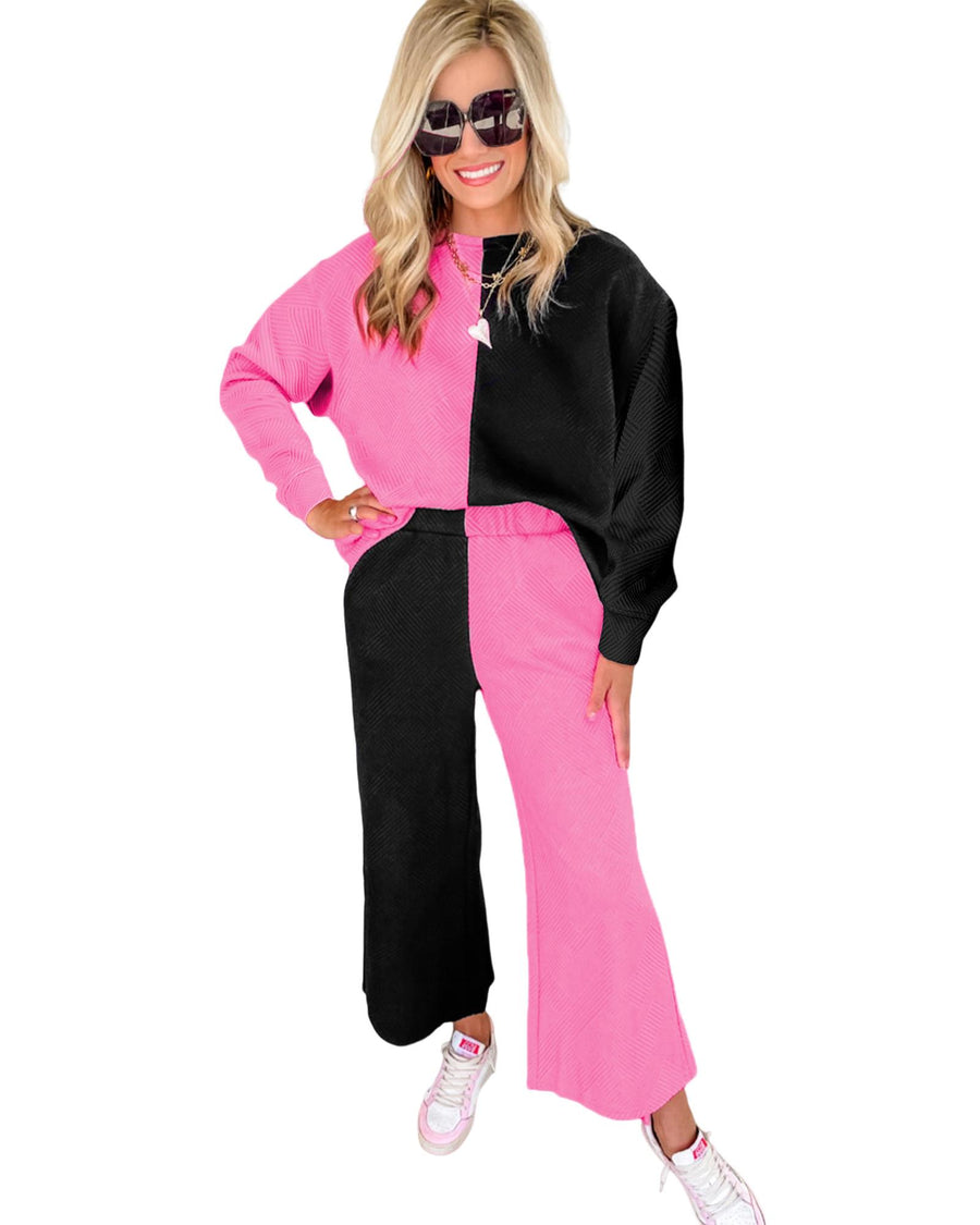 Multicolor Contrast Color Block Textured Casual 2pcs Outfit - M