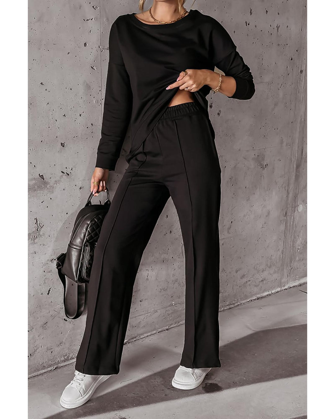 Black Solid Pullover and Seamed Casual Pants Set - M