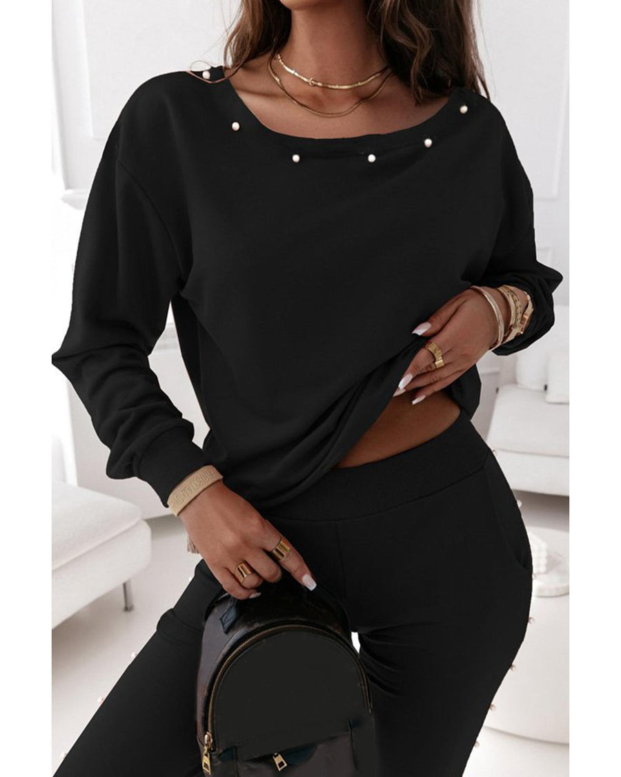 Black Beaded Decor Pullover and Jogger Pants Set - S