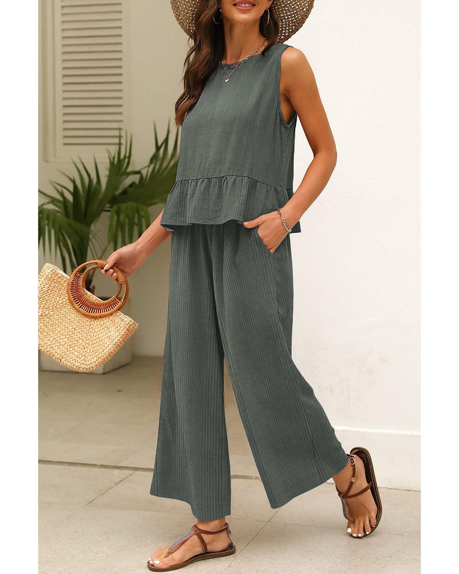 Duffel Green Solid Color Ribbed Ruffle Tank Top and Pants Set - M