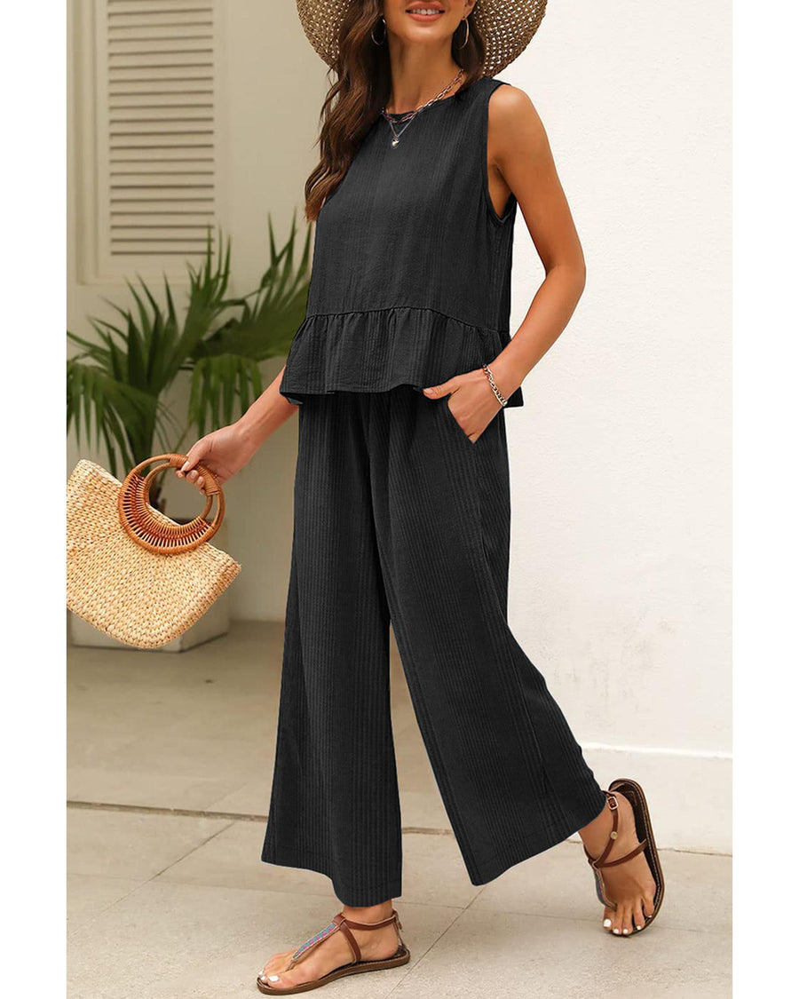 Black Solid Color Ribbed Ruffle Tank Top and Pants Set - M