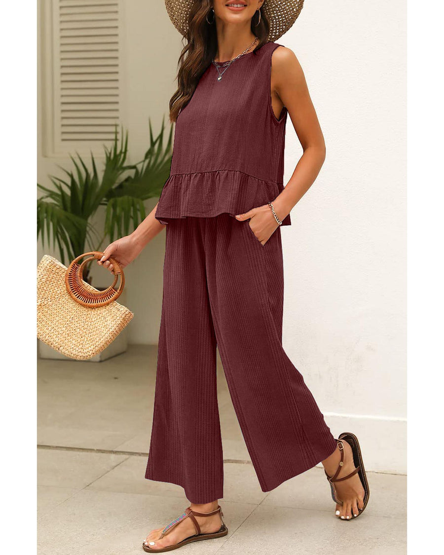 Red Dahlia Solid Color Ribbed Ruffle Tank Top and Pants Set - L