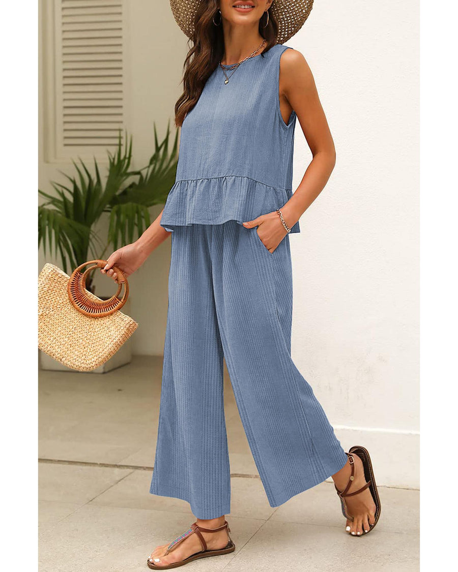 Beau Blue Solid Color Ribbed Ruffle Tank Top and Pants Set - L