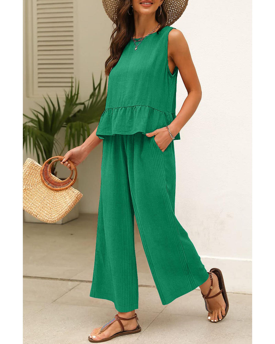 Green Solid Color Ribbed Ruffle Tank Top and Pants Set - S