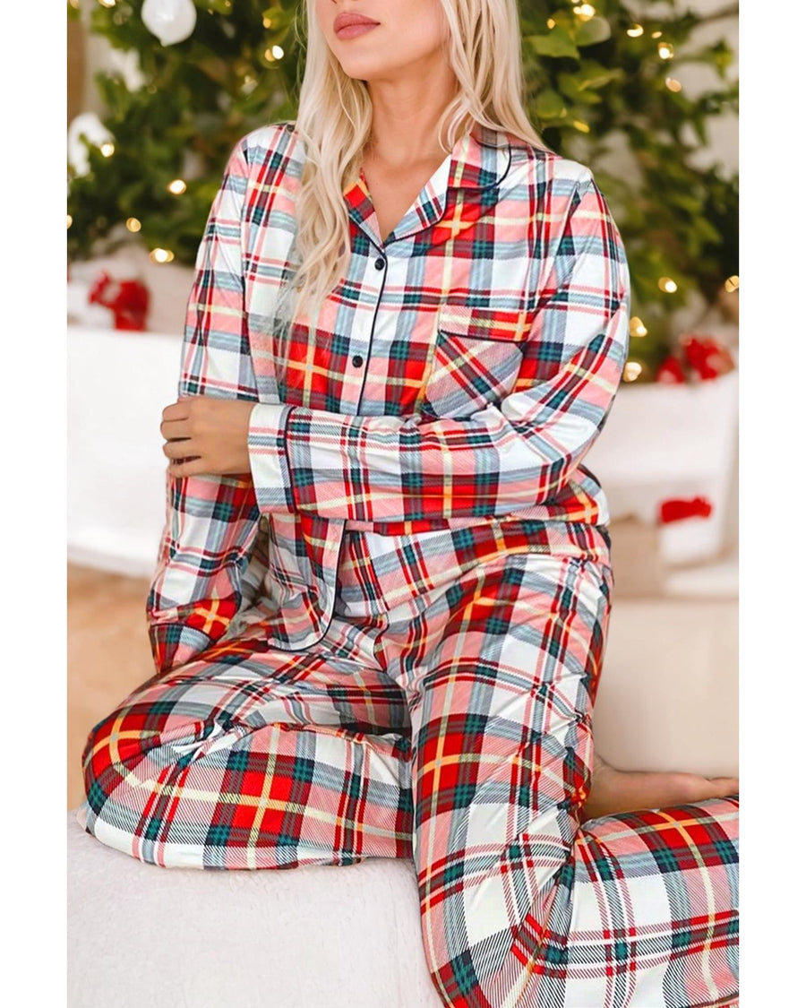 Red Christmas Plaid Print Two Piece Long Sleeve Pajamas Set - 2XL