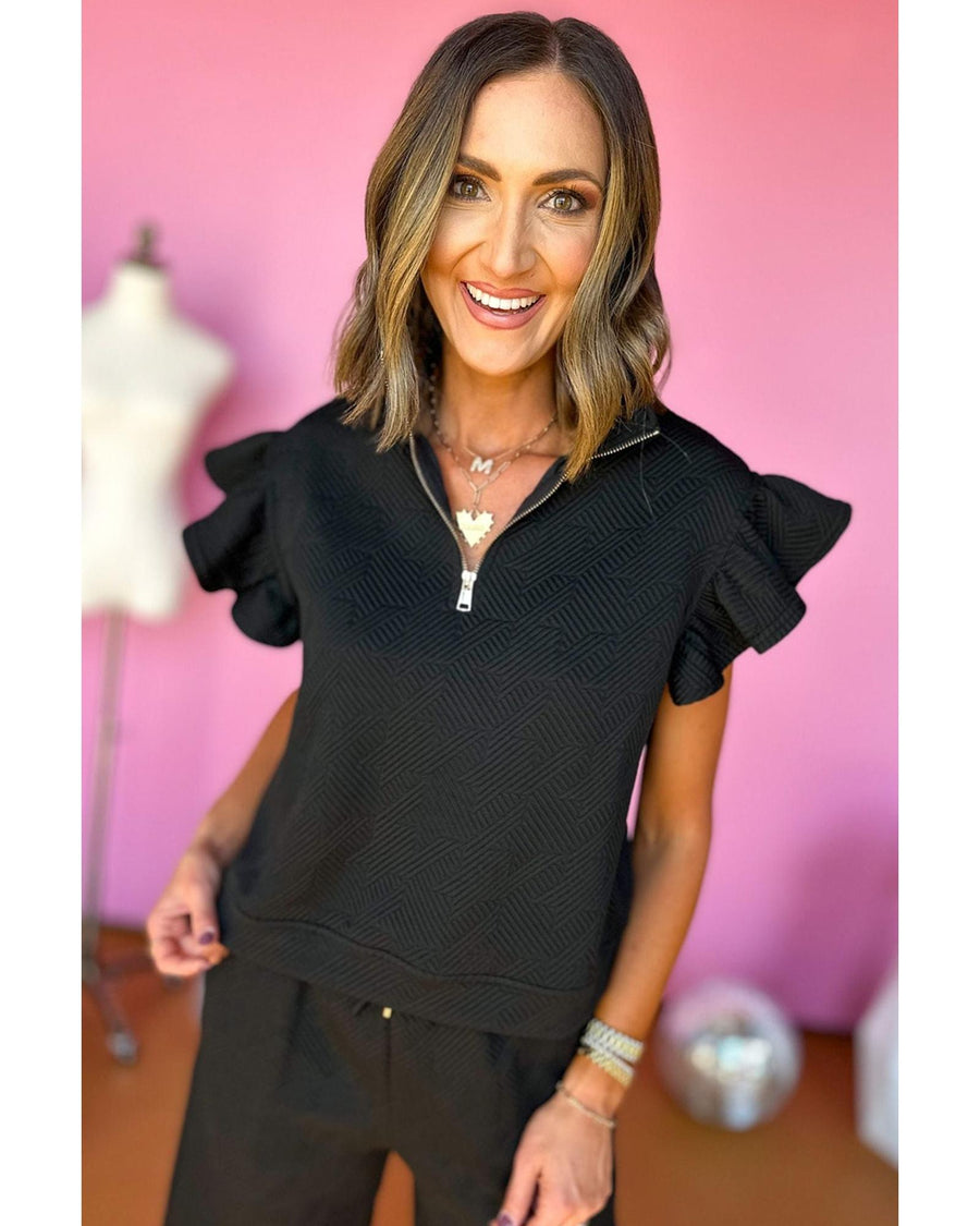 Black Textured Flutter Sleeve Top Wide Leg Pants Set - XL