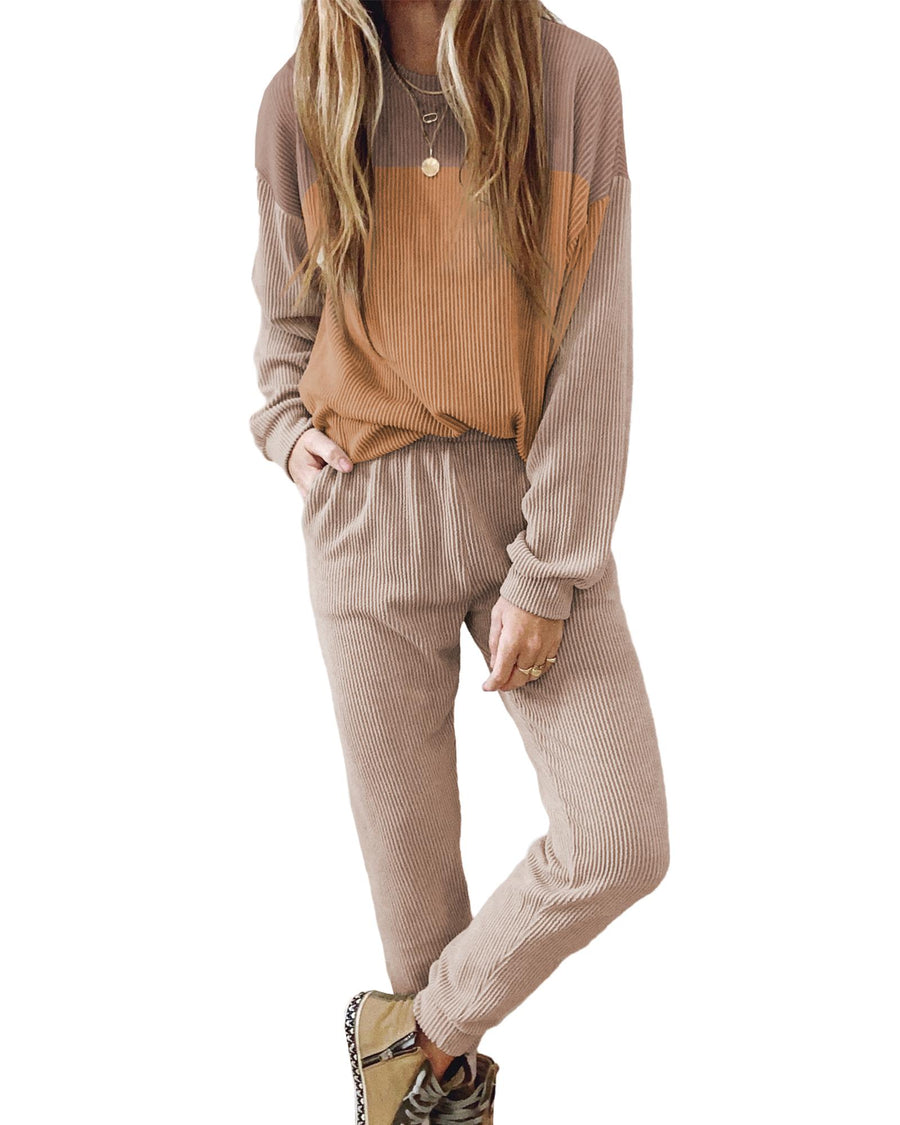 Brown Corded 2pcs Colorblock Pullover and Pants Outfit - M