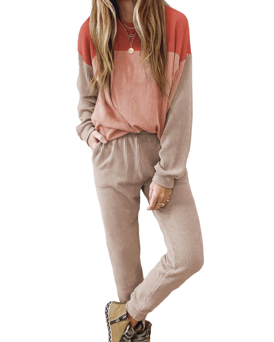 Fiery Red Corded 2pcs Colorblock Pullover and Pants Outfit - L