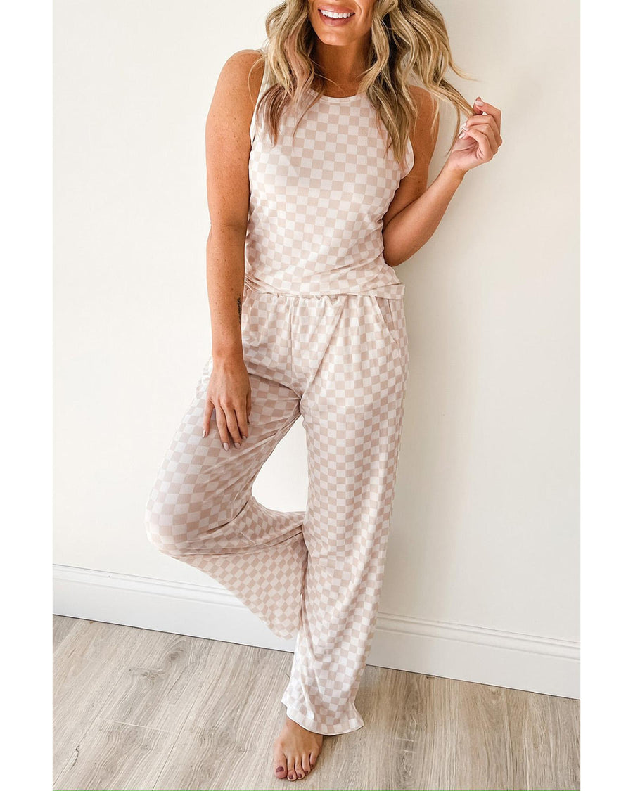 White Ribbed Texture Checkered Print 2pcs Tank and Pants Set - XL