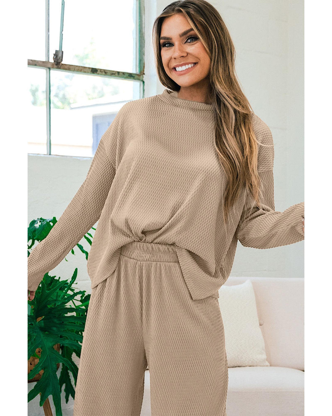 Smoke Gray Loose Textured Pullover and Pants Outfit - M