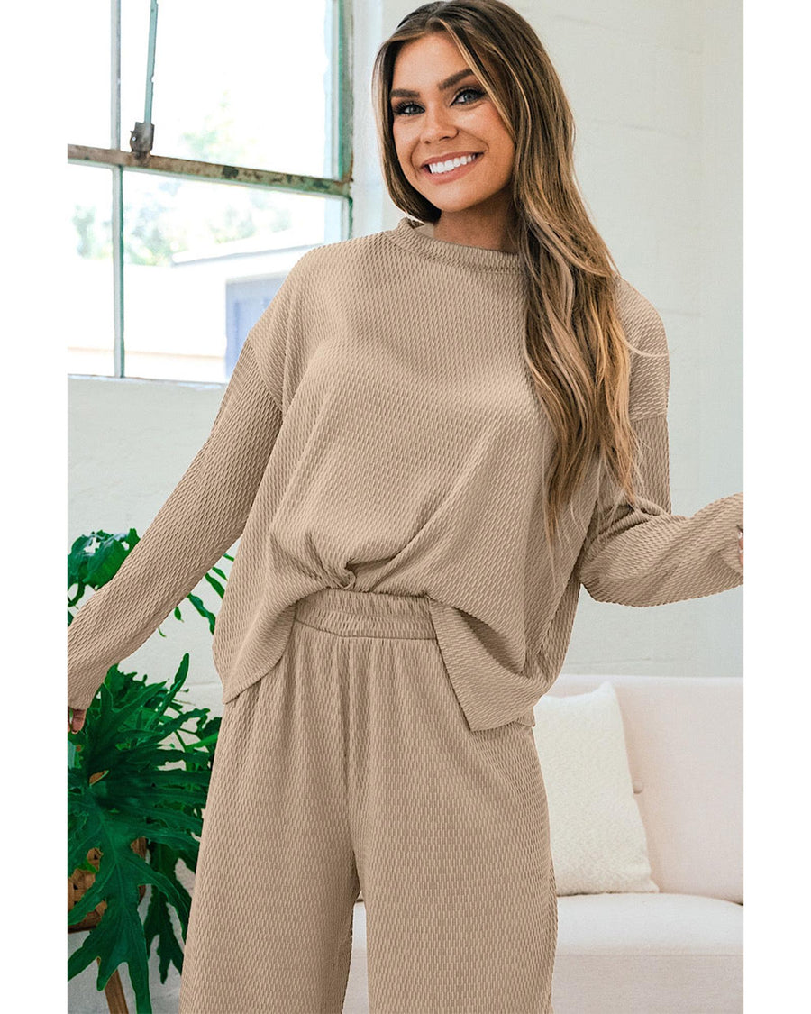 Smoke Gray Loose Textured Pullover and Pants Outfit - S