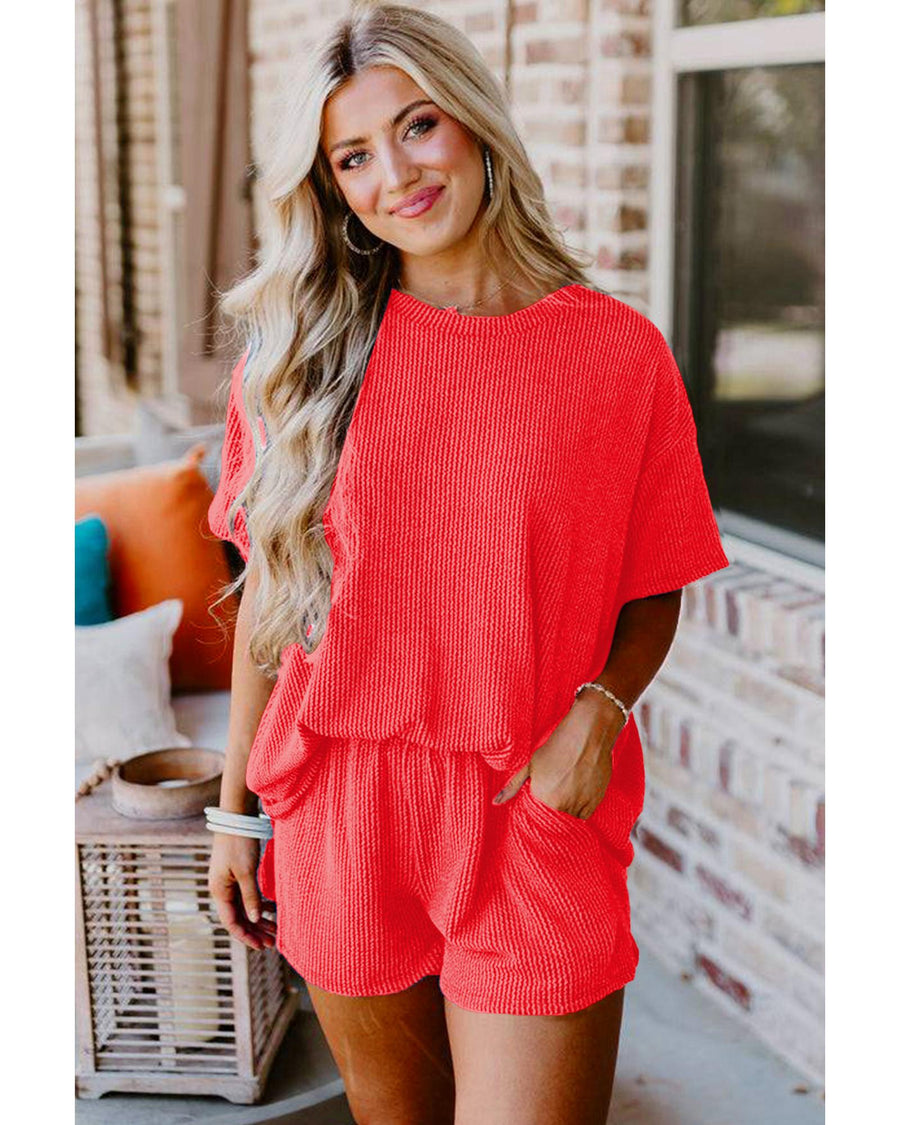 Orange Ribbed Textured Knit Loose Fit Tee and Shorts Set - M