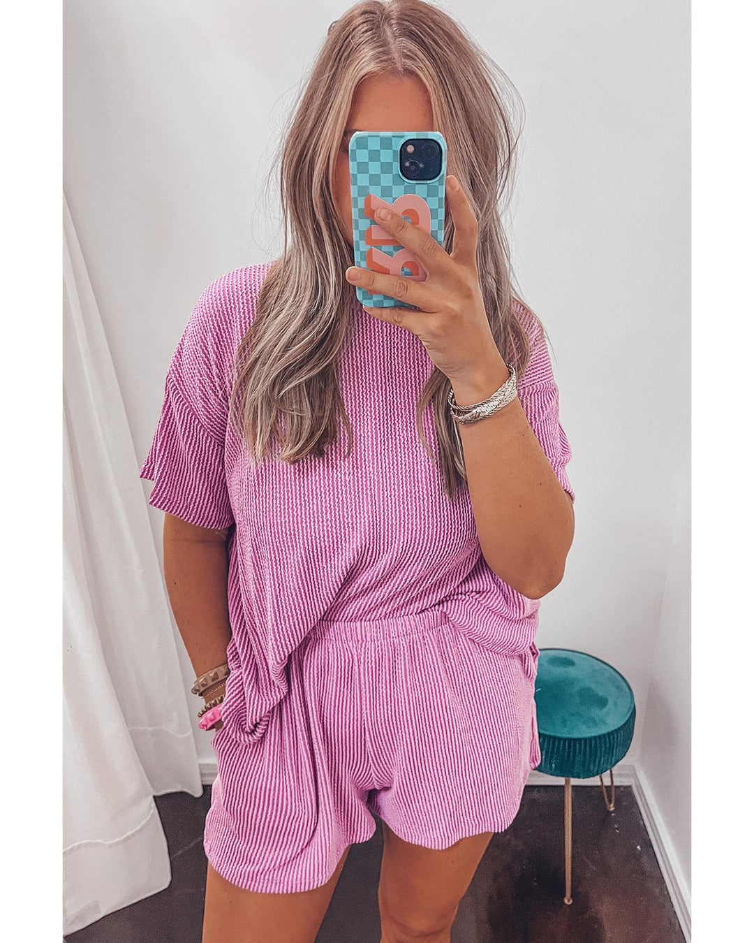 Phalaenopsis Ribbed Textured Knit Loose Fit Tee and Shorts Set - L