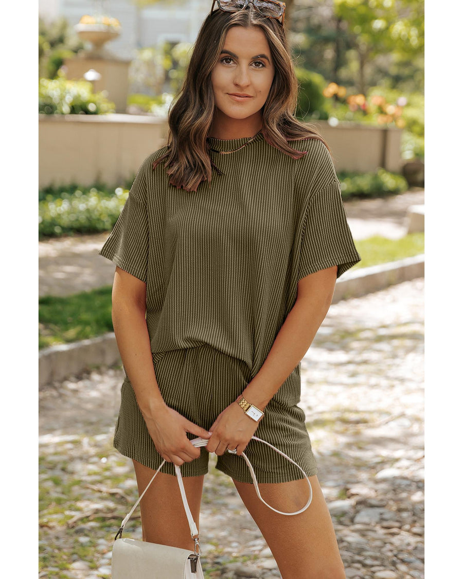 Jungle Green Ribbed Textured Knit Loose Fit Tee and Shorts Set - M