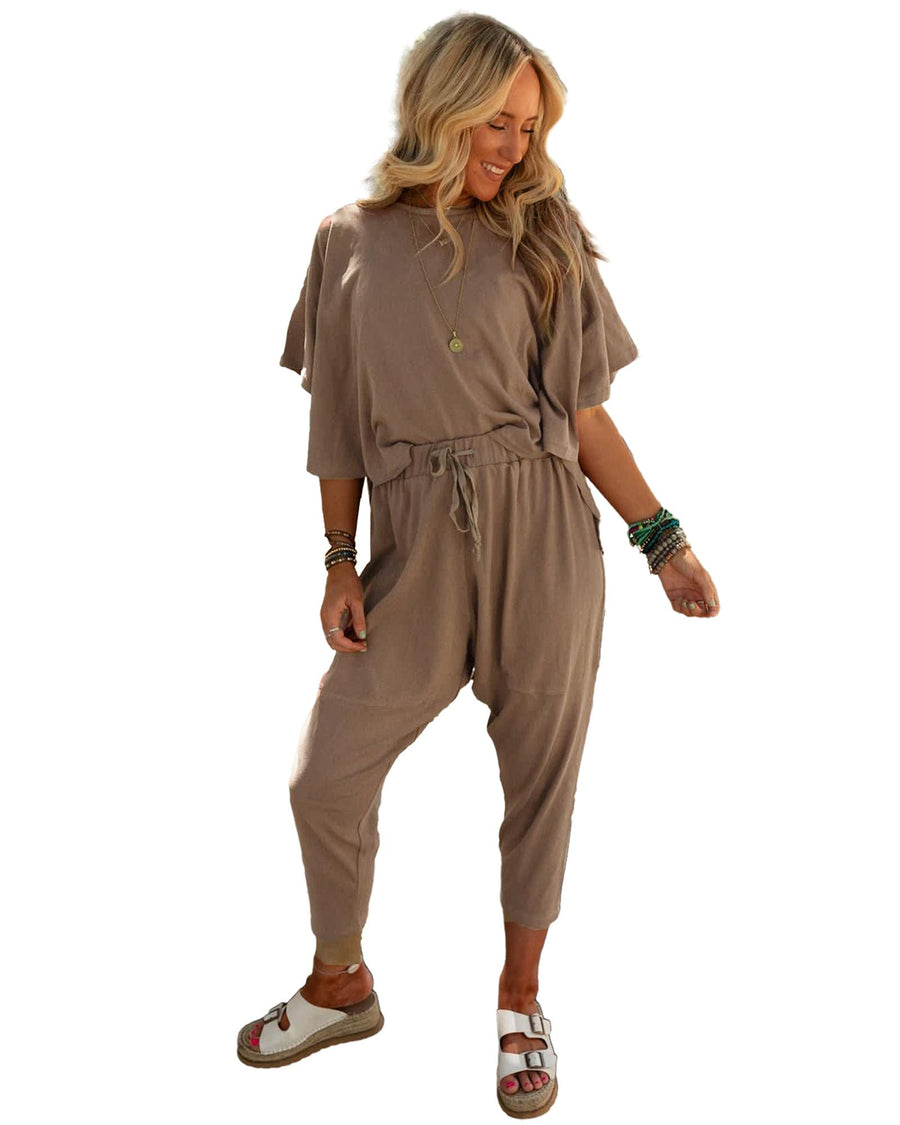 Simply Taupe High Low Boxy Fit Tee and Crop Pants Set - L