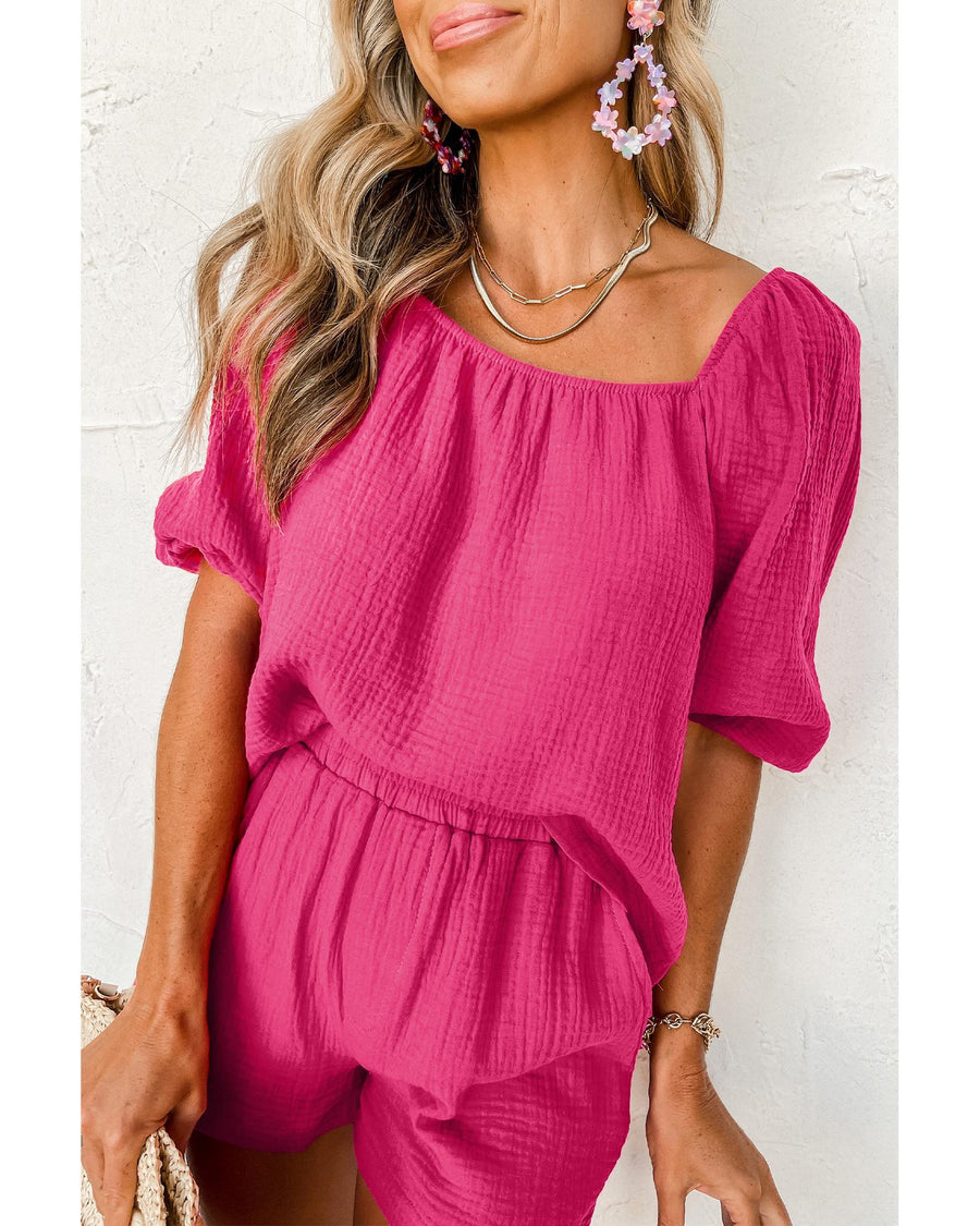 Bright Pink Crinkled Textured Square Neck Puff Sleeve and Shorts Set - M