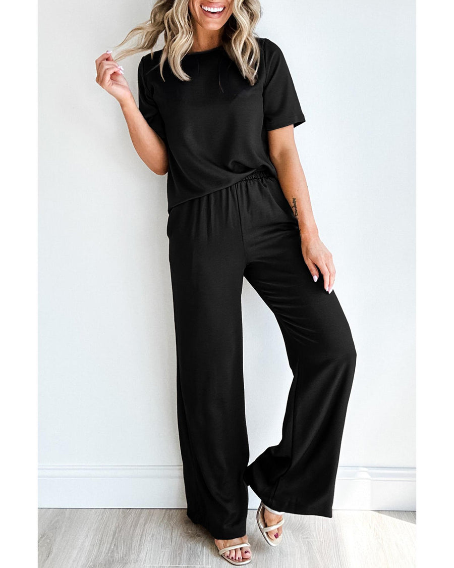 Black Solid Color T Shirt 2pcs Wide Leg Pants Set - S