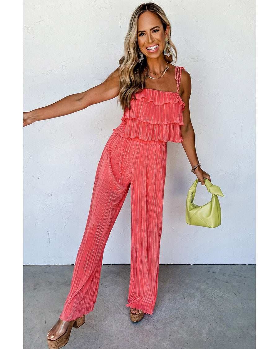 Pale Chestnut Ruffle Tiered Cami Pleated Wide Leg Pants Set - L