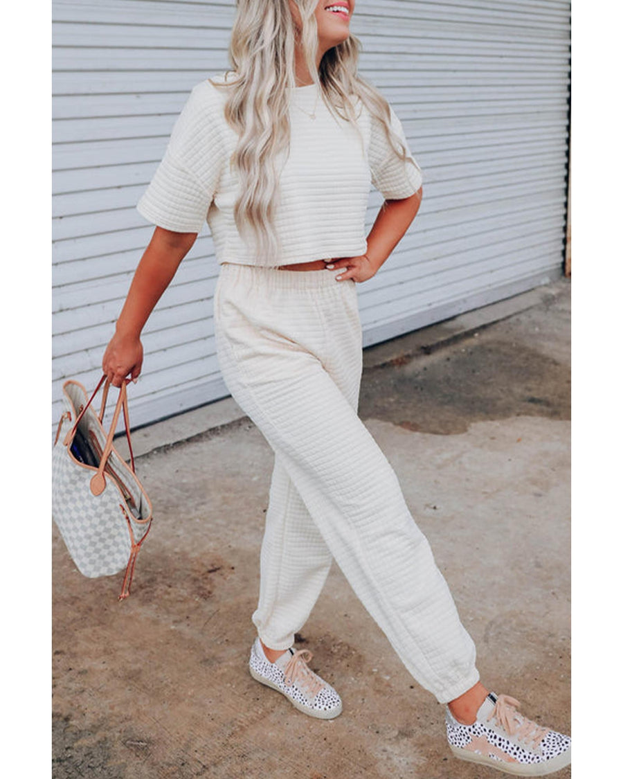 White Lattice Textured Cropped Tee and Jogger Pants Set - XL