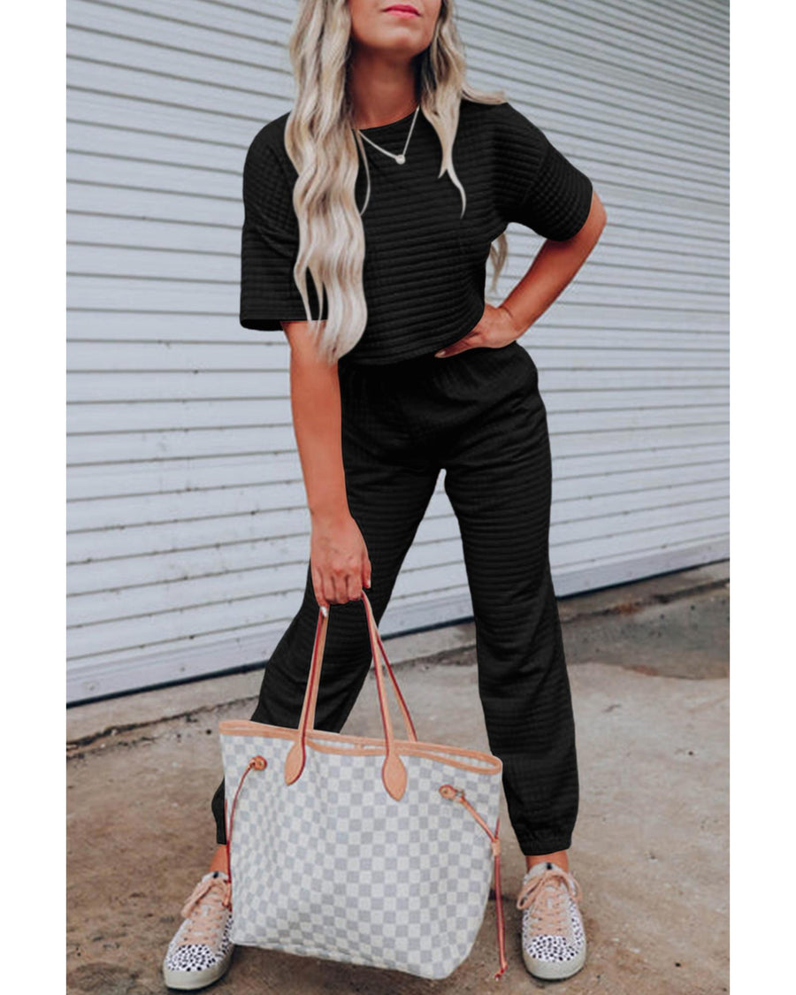 Black Lattice Textured Cropped Tee and Jogger Pants Set - XL
