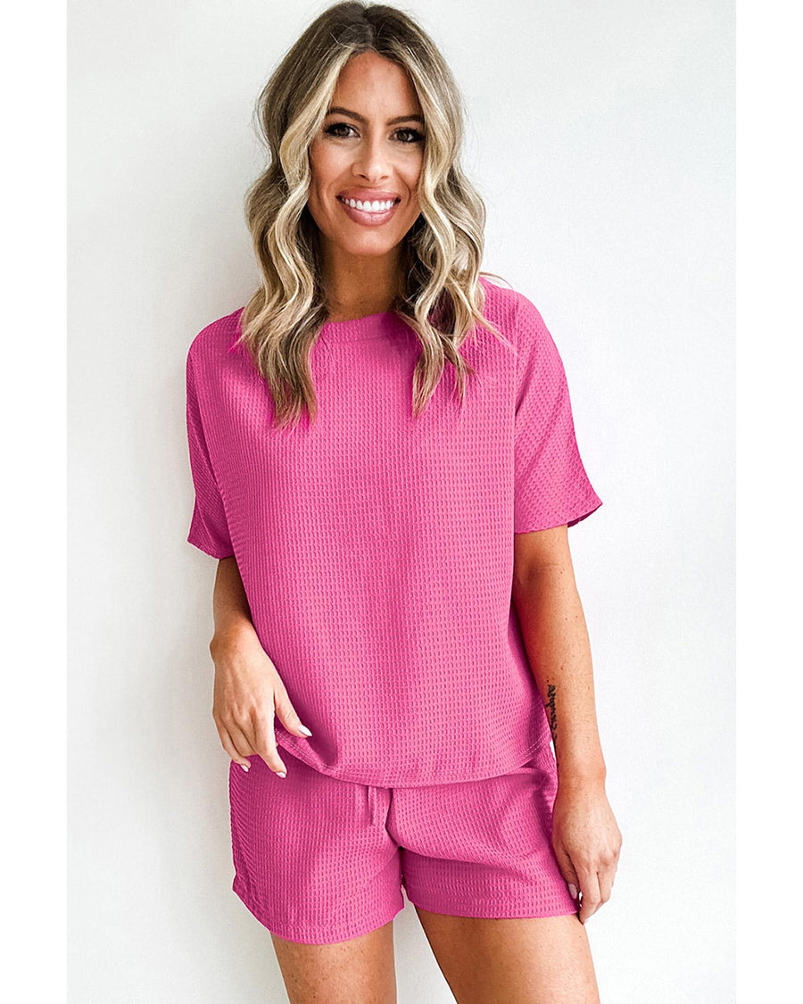 Rose Red Casual Textured Tee and Drawstring Shorts Set - S