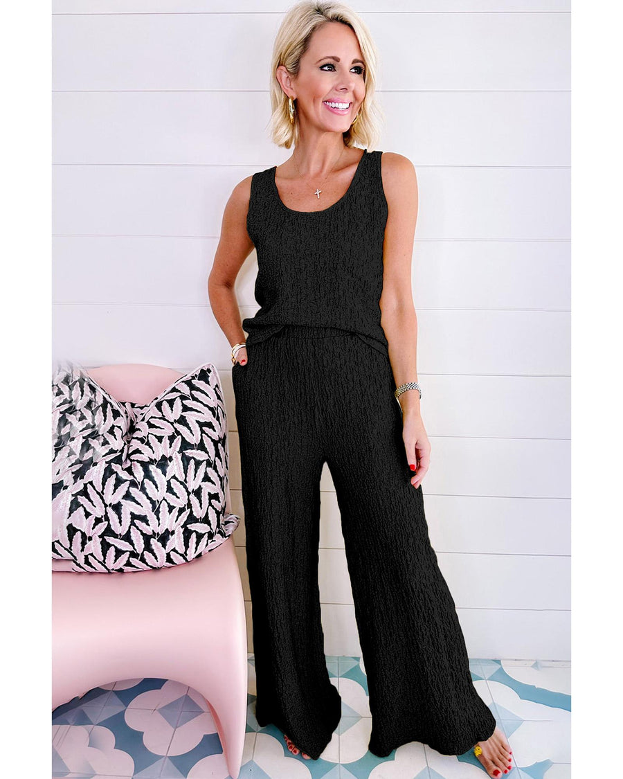 Black Crinkled U Neck Tank Top and Wide Leg Pants Set - L
