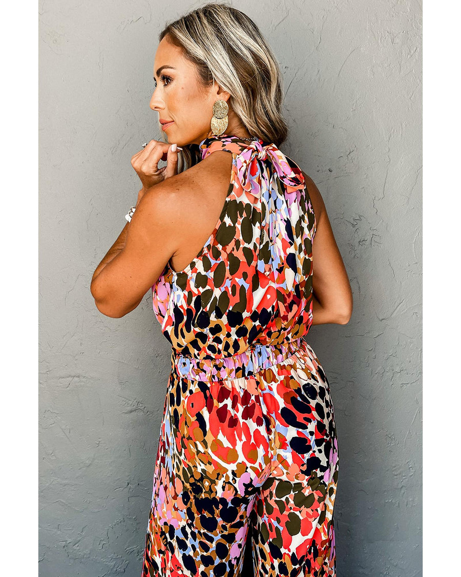 Black Multicolor Leopard Print Halter Tank Top and Pants Set - M