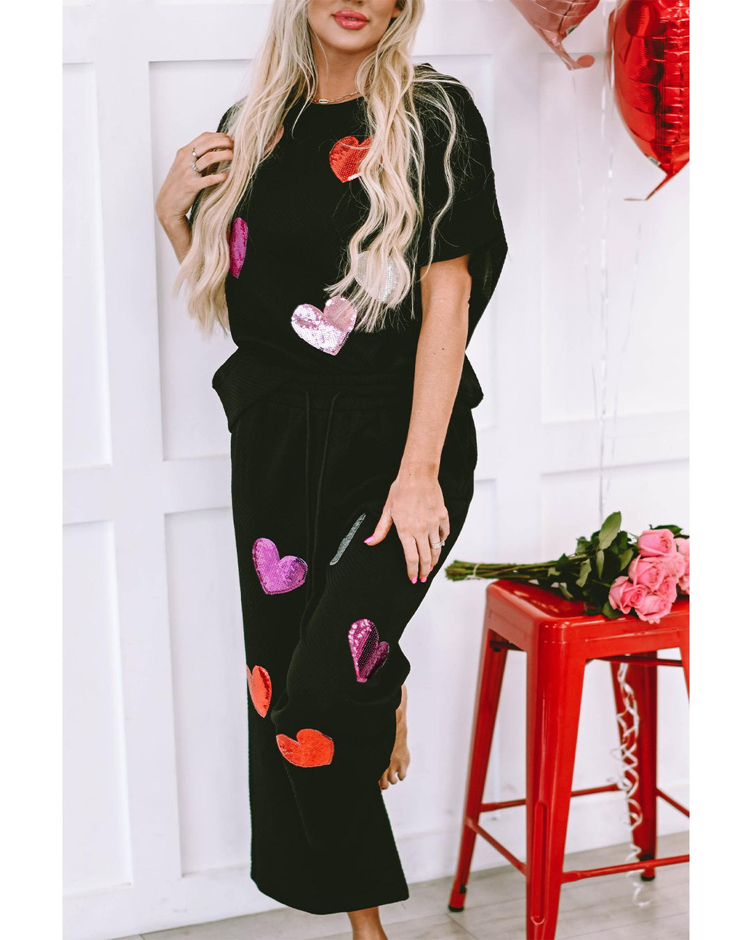 Black Sequin Heart Popping Graphic Textured 2pcs Outfit - L