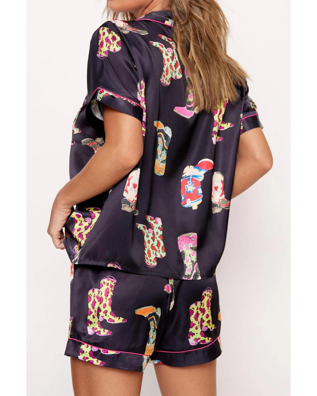 Black Western Boots Printed Short Pajama Set - XL