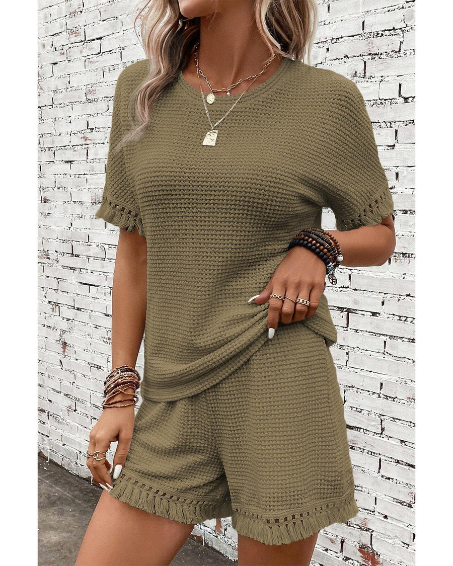Laurel Green Fringe Trim Textured Short Two Piece Set - L