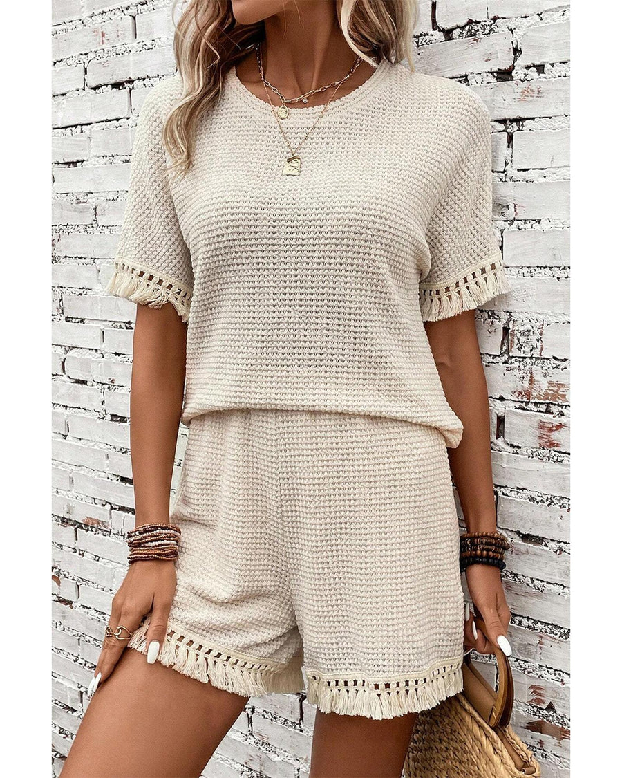 Beige Fringe Trim Textured Short Two Piece Set - XL