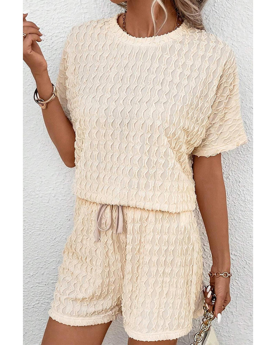Beige Frill Textured Short Sleeve Top and Drawstring Shorts Set - XL
