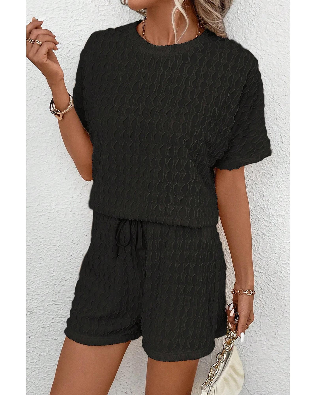 Black Frill Textured Short Sleeve Top and Drawstring Shorts Set - M