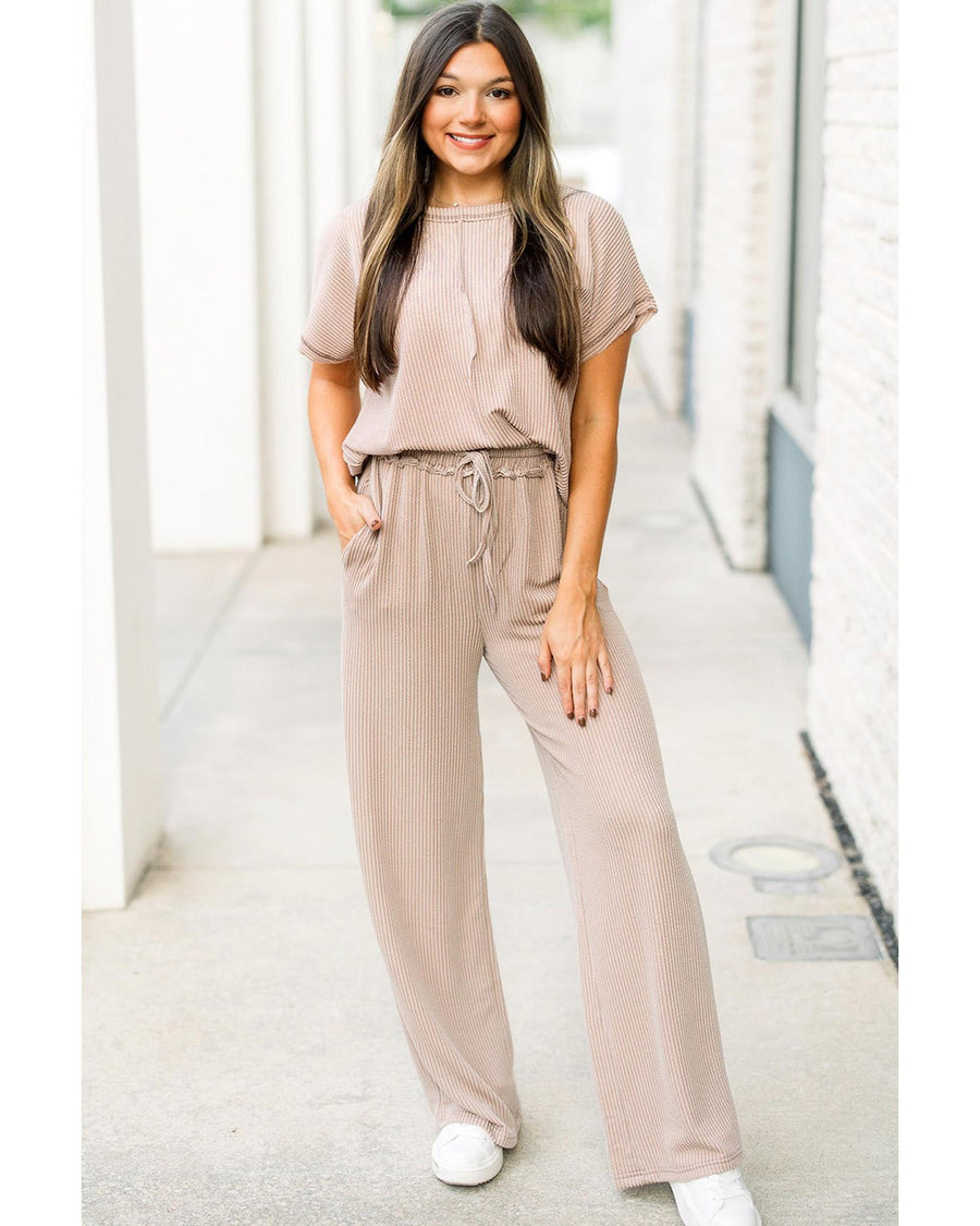Parchment Exposed Seam Ribbed Tee and Pants Two-piece Outfit - M