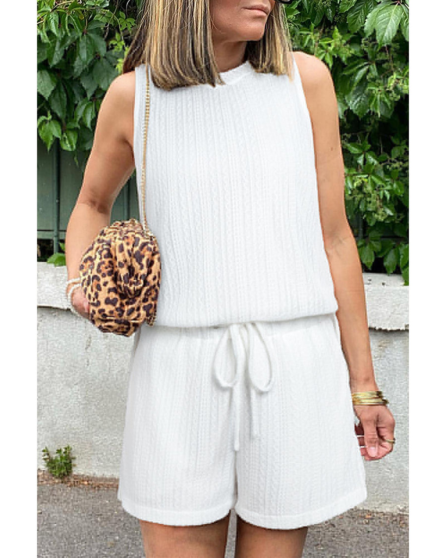 Beige Textured Knit Tank Top and Drawstring Shorts Set - L