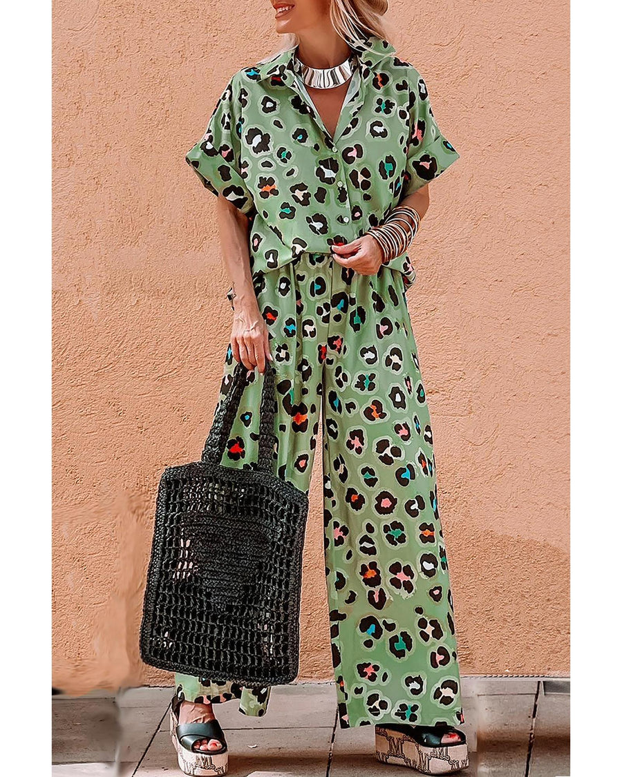 Green Leopard Print Short Sleeve Shirt and Wide Leg Pants Set - L