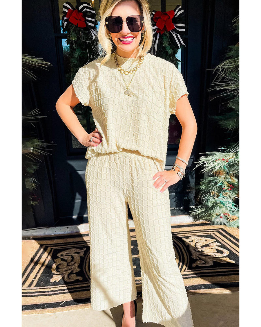 Apricot Metallic Lattice Textured Casual Two Piece Set - M