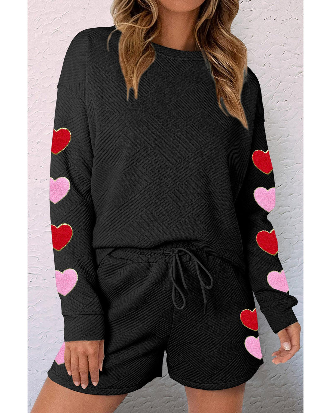 Black Heart Patch Long Sleeve Top and Shorts Textured 2pcs Set - L