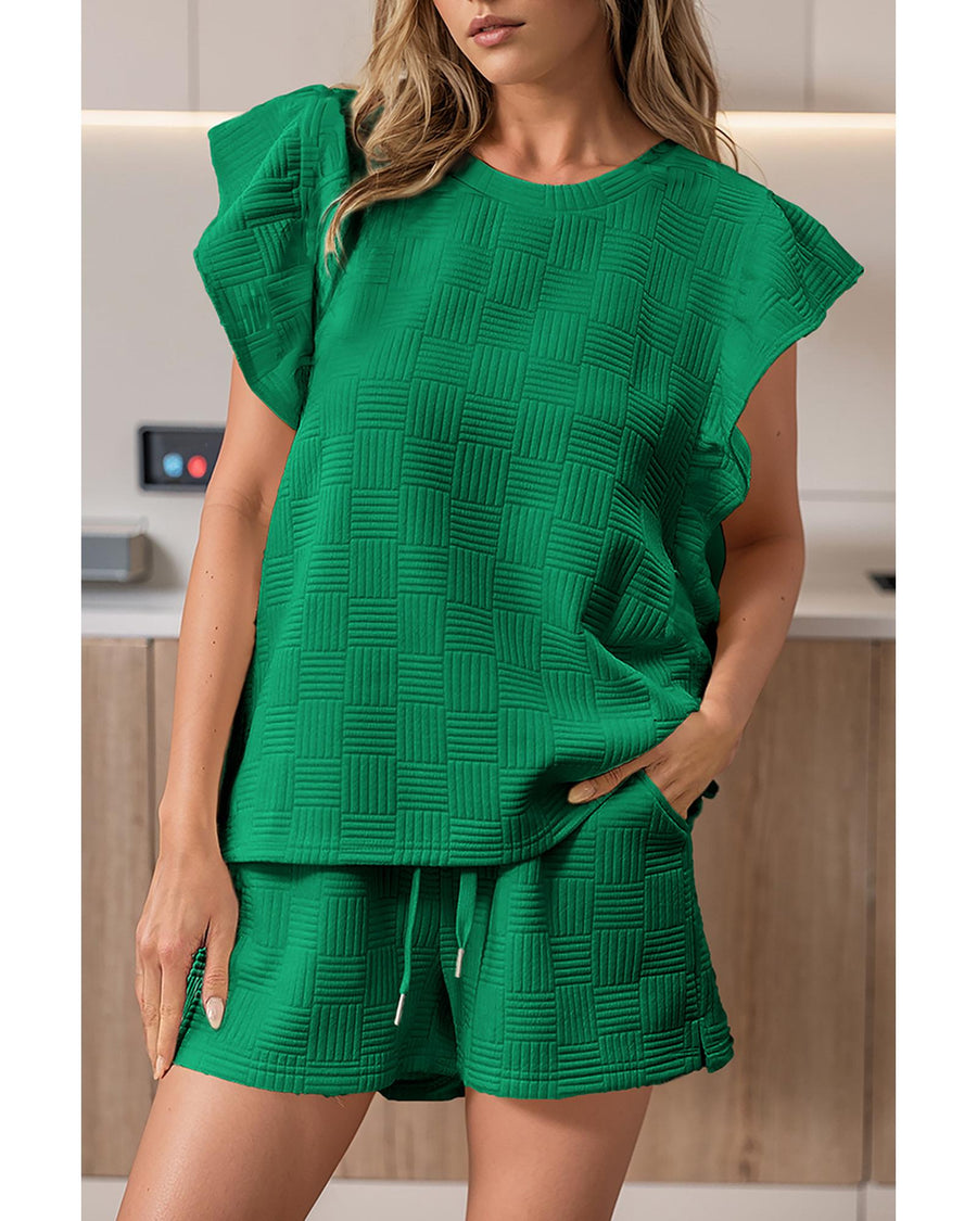 Bright Green Textured Ruffled Sleeve Tee and Drawstring Shorts Set - XL