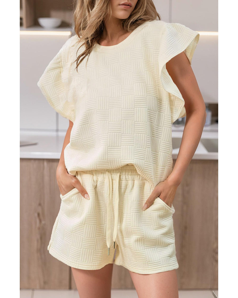 Apricot Textured Ruffled Sleeve Tee and Drawstring Shorts Set - M