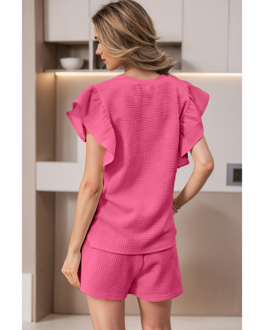 Bonbon Textured Ruffled Sleeve Tee and Drawstring Shorts Set - S
