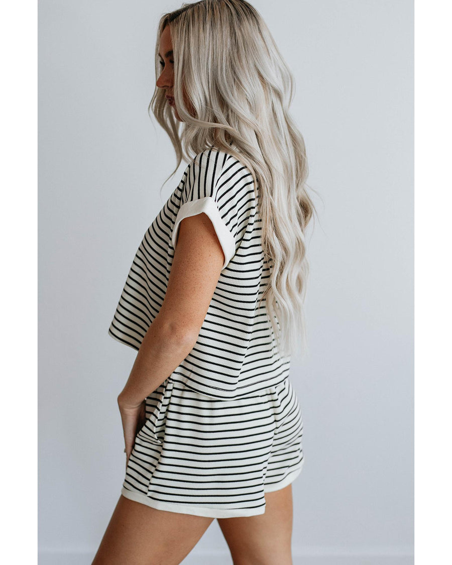 White Stripe Contrast Edge Tee and Shorts Set - M