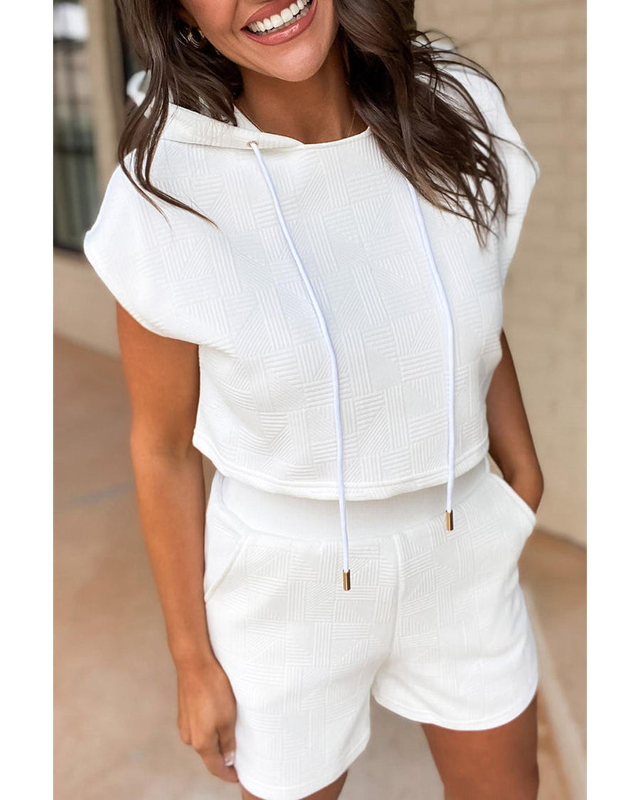 White Textured Cropped Hoodie and Shorts Set - 2XL