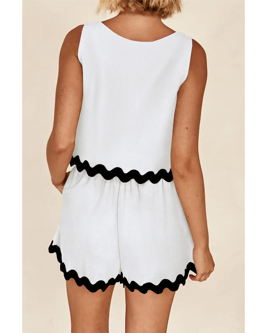 White Ricrac Trim Tank Top Elastic Waist Shorts Set - M
