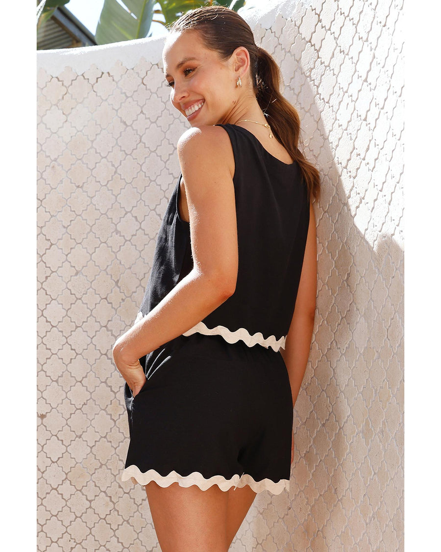 Black Ricrac Trim Tank Top Elastic Waist Shorts Set - S