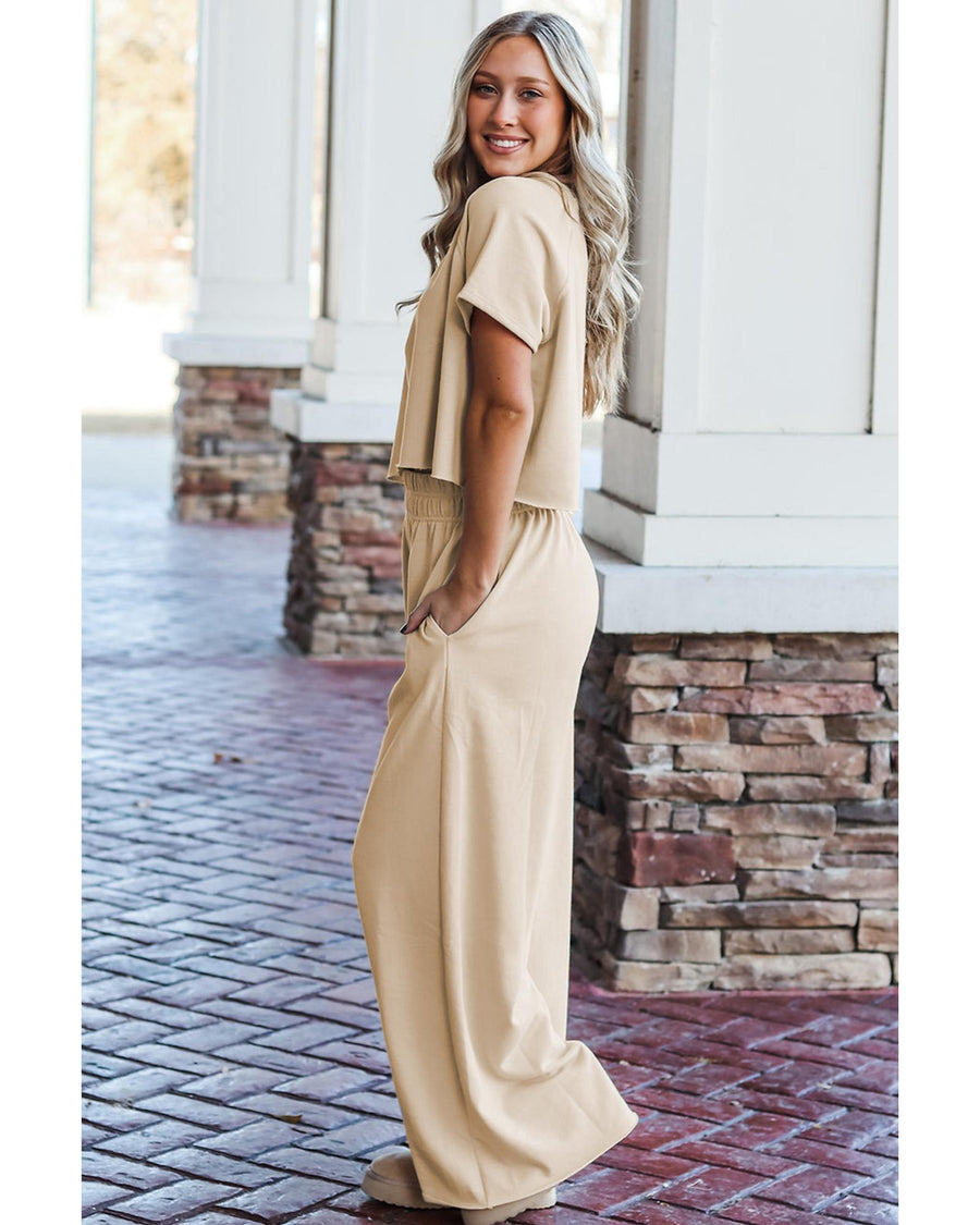 White Raw Hem Loose Tee and Wide Leg Pants Set - XL