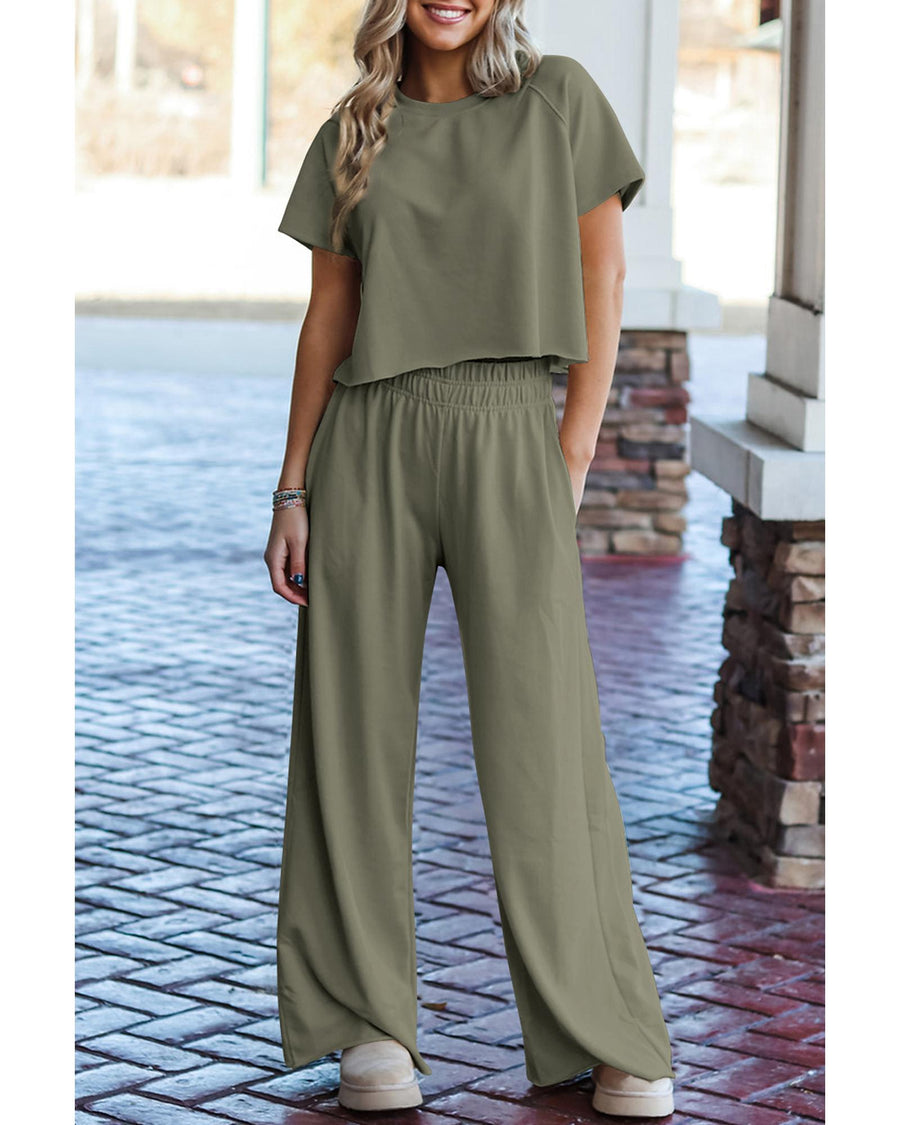 Seagrass Raw Hem Loose Tee and Wide Leg Pants Set - XL