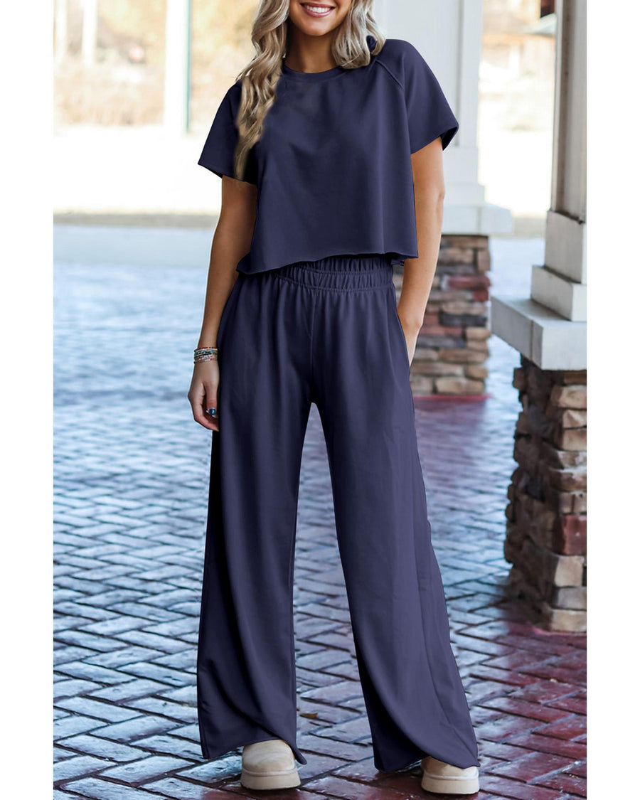 Navy Blue Raw Hem Loose Tee and Wide Leg Pants Set - M