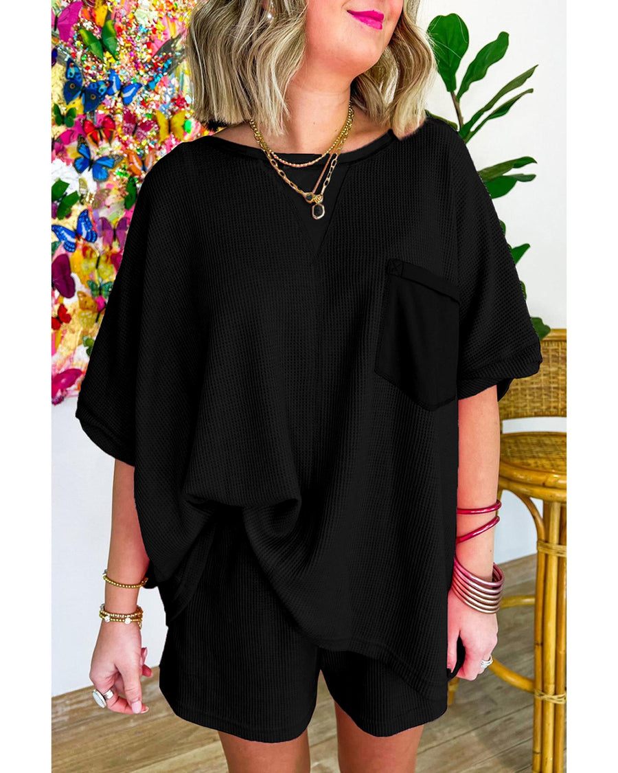Black Waffle Knit Oversize Tee and Shorts Set - S